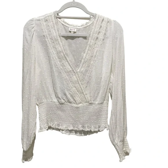 SELF E White Lace Trim Smocked Waist Blouse Size Large - Picture 2 of 9